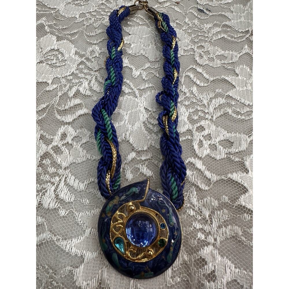 Vintage 80s Designer FLORA Pendant Blue Green Glass Cabochon Nautilus Shell